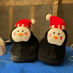 Cute Penguin Holiday Slippers - Black, Red, White
